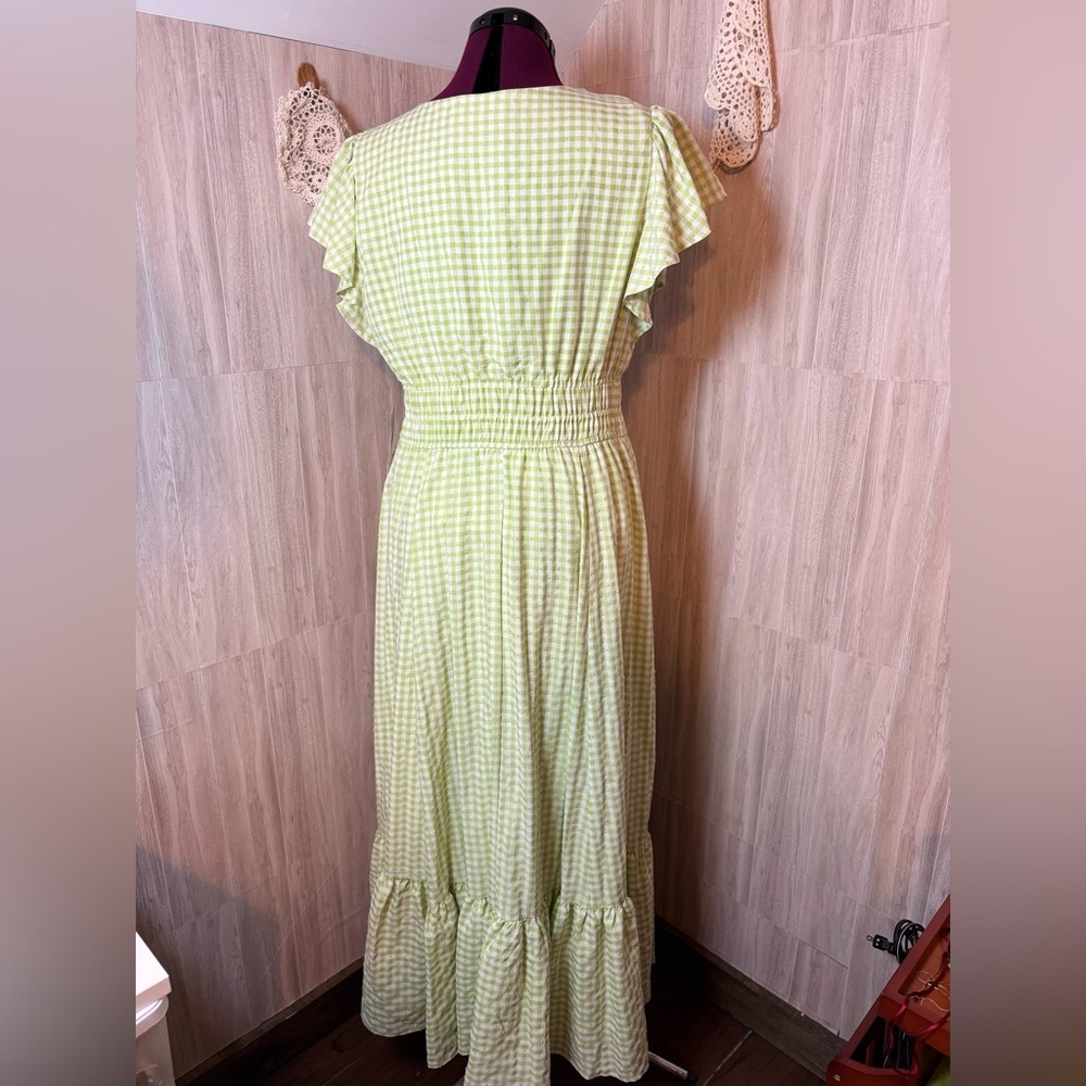 Taylor Lime Green and Cream Checked Gingham Maxi Dress - Picture 2 of 9